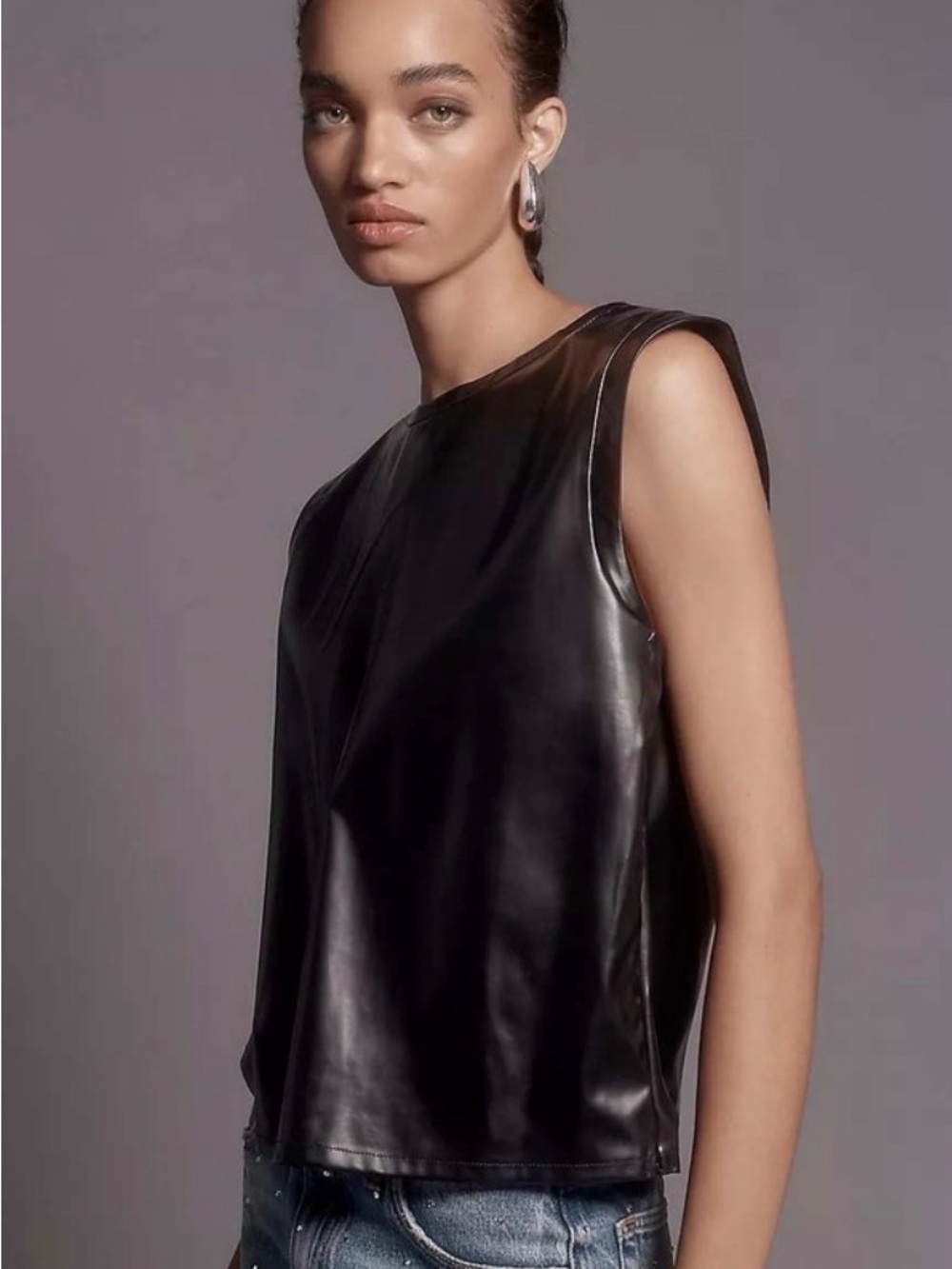 Sleek Black Faux-Leather Sleeveless Tank for Women